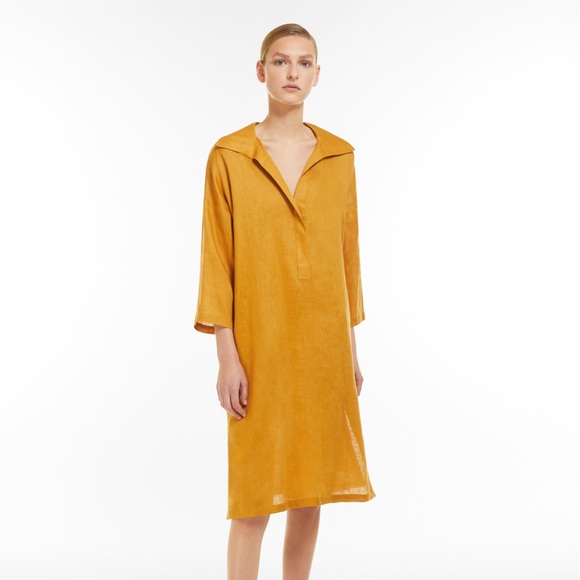 MaxMara | Derris V-Neck Linen Dress in Ochre - Picture 1 of 16